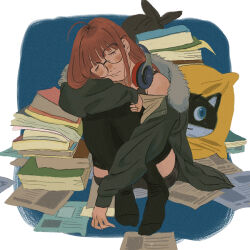 Rule 34 | 1girl, ahoge, amber389, behind-the-head headphones, black-framed eyewear, black thighhighs, blunt bangs, blush, book, book stack, border, cat, chinese commentary, closed eyes, closed mouth, commentary request, full body, fur-trimmed jacket, fur trim, glasses, green jacket, head rest, head tilt, headphones, headphones around neck, jacket, knees up, long hair, long sleeves, morgana (persona 5), no shoes, off shoulder, orange hair, paper, persona, persona 5, sakura futaba, shirt, shorts, sitting, sleeping, thighhighs, white border