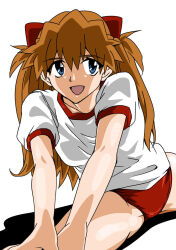 Rule 34 | 1girl, ass, bare legs, blue eyes, breasts, brown hair, buruma, exercising, eywy4324, gym uniform, hair between eyes, highres, long hair, looking at viewer, navel, neon genesis evangelion, open mouth, red buruma, shiny skin, shirt, sitting, small breasts, smile, solo, souryuu asuka langley, stretching, two side up, white background, white shirt