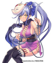 Rule 34 | 1girl, black thighhighs, blue hair, blush, bow, breasts, chain, character request, cleavage, dress, fishnet top, fishnets, fox mask, fuji minako, hair bow, holding, holding weapon, large breasts, long hair, mask, ninja, official art, ponytail, purple dress, scarf, sengoku gensoukyoku, shuriken, smile, solo, thighhighs, watermark, weapon, white background, yellow eyes