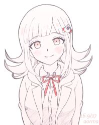 ar0ma blush brown_eyes collared_shirt danganronpa_(series) danganronpa_3_(anime) dress_shirt flipped_hair hood hood_down hooded_jacket jacket long_hair nanami_chiaki neck_ribbon open_clothes open_jacket red_ribbon ribbon shirt smile spaceship_hair_ornament upper_body