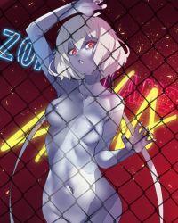 Rule 34 | 10s, 1girl, ban! (bansankan), blue skin, breasts, chain-link fence, collarbone, colored skin, convenient censoring, fence, groin, highres, konno junko, looking at viewer, medium breasts, navel, nipples, nude, out-of-frame censoring, parted lips, red eyes, short hair, sign, solo, standing, stitched arm, stitched face, stitched leg, stitched torso, stitches, white hair, zombie, zombie land saga