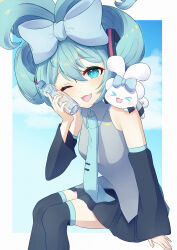 Rule 34 | 1girl, absurdres, aqua bow, aqua eyes, aqua hair, aqua necktie, blue sky, border, bottle, bow, breasts, cinnamiku, cinnamoroll, cloud, commentary request, detached sleeves, emiyukiearth, folded twintails, grey shirt, hair bow, hair tie, hand up, hatsune miku, highres, holding, holding bottle, invisible chair, long hair, long sleeves, necktie, one eye closed, sanrio, shirt, sitting, sky, small breasts, solo, updo, vocaloid, white border