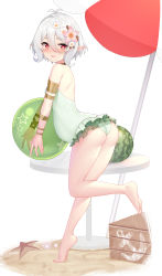 Rule 34 | 1girl, absurdres, anchor symbol, antenna hair, ass, bare legs, bare shoulders, barefoot, bikini, blush, commentary request, flower, food, frills, fruit, full body, hair between eyes, hair flower, hair ornament, highres, implied pregnancy, kokkoro (princess connect!), kokkoro (summer) (princess connect!), leg up, long sleeves, looking at viewer, looking to the side, one-piece swimsuit, open mouth, painttool sai (medium), photoshop (medium), pink flower, pointy ears, pregnant, princess connect!, red eyes, sand, see-through, short hair, silver hair, simple background, smile, solo, standing, standing on one leg, starfish, swimsuit, watermelon, white background, white flower, wu yao jun
