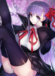Rule 34 | 10s, 1girl, ass, bb (fate), bb (fate/extra), black skirt, black thighhighs, blurry, blurry background, breasts, chain, closed mouth, commentary request, fate/extra, fate/extra ccc, fate (series), flower, gloves, hair ribbon, half updo, hand on own chin, high-waist skirt, highres, large breasts, leg up, legs up, long hair, long sleeves, looking at viewer, md5 mismatch, panties, pantyshot, pleated skirt, popped collar, purple background, purple eyes, purple hair, red ribbon, resolution mismatch, revision, ribbon, shirt, sitting, skirt, smile, solo, source larger, straight hair, taishi (picchiridou), thighhighs, thighs, underwear, upskirt, very long hair, white gloves, white panties, white shirt, wide sleeves