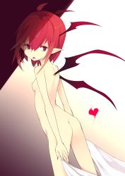 Rule 34 | 1girl, ahoge, akimaki yuu, ass, bad id, bad twitter id, bed sheet, black wings, breasts, fingernails, hair between eyes, head wings, heart, highres, koakuma, long fingernails, looking at viewer, nail polish, nude, pointy ears, red eyes, red hair, small breasts, solo, standing, tongue, tongue out, touhou, wings