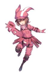 Rule 34 | 1girl, animal ears, animal hat, bandana, brown eyes, brown hair, bullpup, camouflage, full body, fur-trimmed gloves, fur trim, gloves, gun, hat, highres, holding, holding gun, holding weapon, jacket, llenn (sao), long sleeves, looking at viewer, open mouth, p-chan (p90), p-chan (sao), p90, pants, personal defense weapon, pink bandana, pink gloves, pink hat, pink jacket, pink neckwear, pink pants, rabbit ears, rabbit hat, short hair, simple background, solo, submachine gun, supernew, sword art online, sword art online alternative: gun gale online, weapon, white background