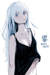 Rule 34 | 1girl, black dress, blue eyes, breasts, closed mouth, dated, dress, grey hair, hair between eyes, hair over eyes, hibiki (kancolle), highres, kantai collection, kappa modoki, long neck, messy hair, signature, sleeveless, sleeveless dress, small breasts, white background, white hair