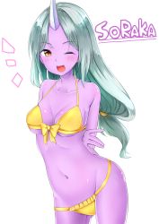 Rule 34 | 1girl, ;d, absurdres, alternate hair color, aqua hair, arms behind back, bad id, bad pixiv id, bare shoulders, blush, breasts, character name, colored skin, gluteal fold, highres, horns, league of legends, long hair, looking at viewer, midriff, nanabe, navel, one eye closed, open mouth, purple skin, single horn, smile, solo, soraka (league of legends), standing, underwear, white background, yellow eyes