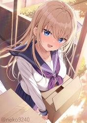 1girl :d artist_name black_sailor_collar black_skirt blonde_hair blue_eyes blush bow box breast_rest breasts cardboard_box carrying day large_breasts lens_flare long_hair long_sleeves looking_at_viewer nekokobushi open_mouth original outdoors pleated_skirt purple_bow sailor_collar school_uniform serafuku shirt skirt smile solo_focus sunlight white_shirt