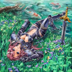 Rule 34 | 1girl, :o, armor, blue eyes, boots, breasts, center opening, cleavage, fish, grass, greaves, highres, long hair, looking at viewer, lying, navel, on back, original, partially submerged, pink hair, planted sword, planted, sword, tetrapod (youhei 1985), thighhighs, upside-down, water, weapon