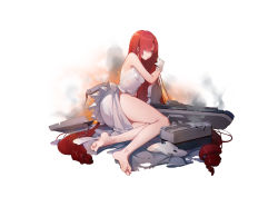 Rule 34 | 1girl, absurdres, damaged, dress, drill hair, flight deck, gloves, highres, long hair, machinery, red eyes, red hair, sleeveless, sleeveless dress, solo, torn clothes, torn dress, very long hair, warship girls r, white dress, white gloves, yingxiong abubu