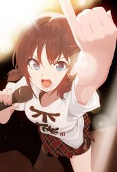 Rule 34 | 1girl, arm up, aroha j, black shorts, blush, breasts, brown hair, clothes writing, collarbone, commentary request, girls band cry, hair ornament, hairclip, highres, holding, holding microphone, iseri nina, light particles, looking at viewer, low twintails, microphone, open mouth, pinky out, plaid, plaid skirt, red skirt, shikai no sumi kuchiru oto, shirt, short hair, short sleeves, short twintails, shorts, shorts under skirt, skirt, small breasts, solo, standing, translation request, twintails, white shirt