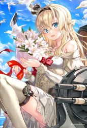 Rule 34 | 1girl, bird, black hairband, blonde hair, blue eyes, blue sky, bouquet, braid, breasts, cannon, cloud, commentary, commentary request, corset, crown, day, dress, english commentary, engrish commentary, flower, french braid, fujima takuya, garter straps, hairband, holding, holding bouquet, kantai collection, long hair, long sleeves, medium breasts, mini crown, mixed-language commentary, off-shoulder dress, off shoulder, outdoors, red flower, red rose, rose, seagull, sky, solo, thighhighs, turret, warspite (kancolle), white dress, white flower, white thighhighs