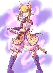 Rule 34 | 1girl, absurdres, armor, blonde hair, bloomers, boots, cross-laced footwear, double bun, full body, hair bun, hair ribbon, haniwa (statue), highres, joutouguu mayumi, lace-up boots, looking at viewer, oshiaki, purple footwear, ribbon, short sleeves, solo, standing, sword, touhou, underwear, v-shaped eyebrows, vambraces, weapon, white ribbon, yellow eyes