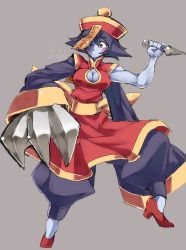 Rule 34 | 1girl, blue skin, blush stickers, breasts, capcom, chinese clothes, claws, cleavage, cleavage cutout, clothing cutout, colored skin, flipped hair, hat, iroyopon, jiangshi, kunai, large breasts, lei lei, ofuda, qingdai guanmao, short hair, solo, vampire (game), weapon
