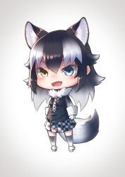 Rule 34 | 10s, 1girl, akuma (st.takuma), animal ears, arms at sides, black hair, blazee, blue eyes, chibi, extra ears, fang, full body, fur collar, gloves, gradient hair, grey wolf (kemono friends), hair between eyes, heterochromia, kemono friends, long hair, long sleeves, looking at viewer, multicolored hair, necktie, plaid, plaid necktie, plaid neckwear, plaid skirt, sidelocks, skirt, solo, tail, thighhighs, two-tone hair, white gloves, white hair, wolf ears, wolf girl, wolf tail, yellow eyes, zettai ryouiki