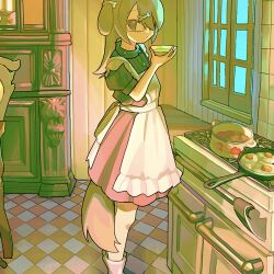 1girl animal_ears apron bone_hair_ornament cooking cooking_pot dog_ears dog_girl dog_tail dress feet_out_of_frame fried_egg frilled_apron frills frying_pan hair_ornament hair_over_one_eye highres holding indoors kagenoyuhi long_hair looking_at_viewer nuinuiwawan_(character) one_eye_covered original short_dress short_sleeves solo standing stove tail tile_floor tiles white_apron window