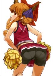 Rule 34 | 1girl, alternate costume, ass, back, bad id, bad twitter id, bike shorts, bike shorts under skirt, blush, cheerleader, fang, from behind, hair ornament, hair ribbon, head out of frame, holding, holding hair, horn ornament, horn ribbon, horns, ibuki suika, inactive account, long hair, looking at viewer, looking back, nishiuri, orange hair, panties, panties under bike shorts, pantylines, pantyshot, pointy ears, pom pom (cheerleading), profile, red eyes, ribbon, shirt, shorts, shorts under skirt, simple background, skirt, sleeveless, smile, solo, touhou, underwear, upskirt, white background