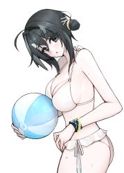 Rule 34 | 1girl, absurdres, ahoge, arknights, ass, ball, bare arms, bare shoulders, beachball, bikini, black eyes, black hair, bracelet, breasts, cleavage, cowboy shot, frilled sleeves, frills, from side, hair bun, hair intakes, hair ornament, hairclip, highres, holding, holding ball, infection monitor (arknights), jewelry, la pluma (arknights), la pluma (summer flowers) (arknights), large breasts, looking at viewer, looking to the side, official alternate costume, open mouth, short hair, simple background, single hair bun, single side bun, solo, swimsuit, white background, white bikini, wing hair ornament, yuki nko64