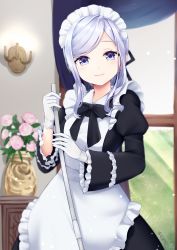 Rule 34 | 1girl, absurdres, alternate costume, apron, black bow, black dress, blush, bow, bowtie, breasts, broom, dress, enmaided, flower, frilled apron, frilled dress, frilled sleeves, frills, gloves, hair ribbon, highres, holding, holding broom, indoors, lamp, long hair, long sleeves, looking at viewer, maid, maid apron, maid headdress, omoomomo, original, parted bangs, pink flower, pink rose, puffy sleeves, purple eyes, ribbon, rose, signature, silver hair, smile, solo, standing, vase, white apron, white gloves, wide sleeves, window
