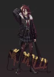 Rule 34 | 1girl, absurdres, arm up, bad id, bad twitter id, black background, black footwear, black jacket, black sailor collar, black skirt, blue eyes, boots, cigarette, commentary, fur-trimmed jacket, fur trim, highres, holding case, holster, jacket, knee boots, long hair, long sleeves, neckerchief, original, pantyhose, plaid, plaid skirt, pleated skirt, red hair, red neckerchief, red pantyhose, sailor collar, school uniform, serafuku, shirt, simple background, skirt, smoke, smoking, solo, symbol-only commentary, thigh holster, torn clothes, torn pantyhose, weapon case, white shirt, yoon cook