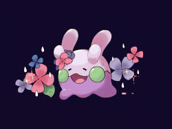 Rule 34 | :d, black background, blush, commentary request, creature, creatures (company), closed eyes, flower, full body, game freak, gen 6 pokemon, goomy, nintendo, no humans, open mouth, pink flower, pokemon, pokemon (creature), simple background, smile, solo, sparkle, tongue, usoko (sani ma ru), water drop, |d