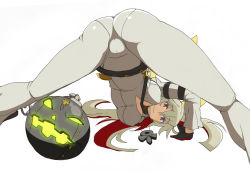 Rule 34 | 1girl, absurdres, ahoge, ankh, arc system works, artist request, ass, ball and chain restraint, belt, bodysuit, breasts, cameltoe, cross, cross necklace, from behind, gloves, guilty gear, guilty gear xrd, guilty gear xrd: revelator, halo, highres, jack-o&#039; valentine, jewelry, long hair, looking at viewer, multicolored hair, necklace, pantylines, platinum blonde hair, red eyes, red hair, shiny clothes, skin tight, smile, solo, top-down bottom-up, upside-down