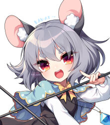 Rule 34 | 1girl, :d, animal ear fluff, animal ears, bow, bowtie, commentary request, dowsing rod, dual wielding, eyes visible through hair, grey hair, holding, holding stick, kozakura (dictionary), looking at viewer, medium hair, mouse ears, nazrin, open mouth, red eyes, round teeth, simple background, smile, solo, stick, teeth, touhou, upper teeth only, v-shaped eyebrows, white background