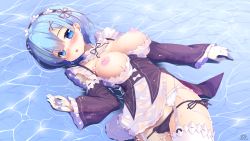 Rule 34 | 1girl, absurdres, bare shoulders, black panties, black ribbon, black sleeves, blue eyes, blue hair, blush, breasts, breasts out, commentary request, detached sleeves, dress, frills, garter belt, hair ornament, hair over one eye, hair ribbon, highres, in water, large breasts, looking at viewer, lying, maid, natsumiya yuzu, nipples, on back, open mouth, panties, re:zero kara hajimeru isekai seikatsu, red ribbon, rem (re:zero), ribbon, short hair, solo, thighhighs, underwear, white thighhighs, x hair ornament