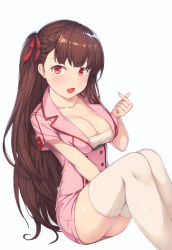 Rule 34 | 1girl, :o, absurdres, alternate costume, blunt bangs, braid, breasts, brown hair, buttons, cleavage, collarbone, double-breasted, dress, feet out of frame, french braid, girls&#039; frontline, hair ribbon, hallohi, hand up, highres, invisible chair, knees together feet apart, knees up, large breasts, long hair, looking at viewer, nurse, one side up, open mouth, pink dress, red eyes, red ribbon, ribbon, shiny clothes, shiny legwear, shiny skin, short dress, short sleeves, simple background, sitting, solo, straight hair, underbust, very long hair, wa2000 (girls&#039; frontline), white background, white hair, white legwear