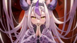 Rule 34 | 1girl, absurdres, animal ears, blush, braided hair rings, chopsticks, covering own mouth, fake animal ears, floating hair, hairband, highres, hololive, horns, jacket, la+ darknesss, long hair, looking at viewer, multicolored hair, multiple piercings, nail polish, own hands together, pointy ears, purple hair, solo, straight-on, tsumurimai, upper body, very long hair, virtual youtuber, white hair, yellow eyes