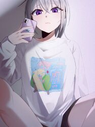 Rule 34 | 1girl, black shorts, cellphone, closed mouth, grey hair, highres, holding, holding phone, indian style, ine (vtuber), long hair, long sleeves, looking at viewer, phone, ponytail, print shirt, purple eyes, shirt, short shorts, shorts, sitting, smartphone, sobayaki18, solo, virtual youtuber, waktaverse, white shirt