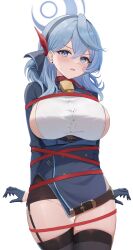 Rule 34 | 1girl, absurdres, ako (blue archive), animal collar, bell, black hairband, black skirt, black thighhighs, blue archive, blue coat, blue eyes, blue gloves, blue hair, blue halo, blush, boneseing, bound, bound arms, breasts, coat, collar, commentary, cowbell, cowboy shot, cowlick, ear piercing, framed breasts, garter straps, gloves, gradient background, grey background, hair between eyes, hair ribbon, hairband, half gloves, halo, highres, large breasts, leash, light blue hair, looking at viewer, medium hair, microskirt, neck bell, parted lips, pencil skirt, piercing, red collar, red ribbon, restrained, revision, ribbon, shirt, sideboob, sideless shirt, simple background, skirt, solo, standing, sweatdrop, thigh gap, thighhighs, thighs, tied up (nonsexual), white shirt, zettai ryouiki