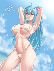 Rule 34 | absurdres, armpits, arms behind head, arms up, beach, bikini, blue hair, breasts, commission, curvy, dungeon and fighter, epko, food, hair ribbon, highleg, highleg bikini, highleg swimsuit, highres, large breasts, looking at viewer, navel, ponytail, popsicle, popsicle stick, red eyes, ribbon, shiny skin, solo, sweat, swimsuit, underboob