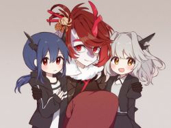 Rule 34 | 3girls, :d, arknights, black jacket, black skirt, blue hair, blush, body fur, ch&#039;en (arknights), fur trim, furry, furry female, grey background, grey hair, grey shirt, hair ornament, horns, jacket, long hair, long skirt, long sleeves, looking at viewer, multiple girls, nano mochi, open clothes, open jacket, open mouth, princess fumizuki (arknights), purple fur, red eyes, red hair, red skirt, shirt, short hair, siblings, sidelocks, simple background, single horn, sisters, skirt, smile, squatting, talulah (arknights), twintails, two-tone fur, white fur, yellow eyes, aged down