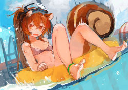 Rule 34 | 1girl, animal ears, bare arms, bare legs, bare shoulders, barefoot, bikini, breasts, brown bikini, brown eyes, brown hair, commentary request, commission, day, goggles, goggles on head, hair between eyes, highres, innertube, knees up, long hair, looking at viewer, nagasawa tougo, navel, open mouth, original, outdoors, park bokja, pixiv commission, ponytail, pool, pool ladder, small breasts, soles, solo, squirrel ears, squirrel girl, squirrel tail, swim ring, swimsuit, tail, v-shaped eyebrows, very long hair, water