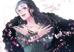 Rule 34 | 1girl, black coat, black hair, blue eyes, bracelet, coat, commentary request, crossed arms, dated, dress, eyewear on head, green dress, hair slicked back, happy birthday, jewelry, long hair, looking at viewer, matsuda (louol), necklace, nico robin, one piece, petals, sidelocks, simple background, smile, solo, striped clothes, striped dress, vertical-striped clothes, vertical-striped dress