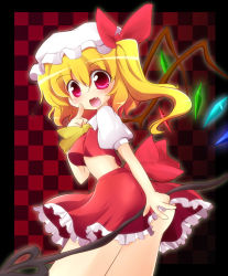 Rule 34 | 1girl, ascot, blonde hair, checkered background, embodiment of scarlet devil, fang, female focus, finger to mouth, flandre scarlet, geo (yukishitadou), hat, laevatein, midriff, open mouth, pointing, red eyes, side ponytail, skirt, solo, touhou, wings