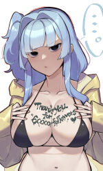 ... 1girl absurdres annoyed bikini black_bikini blue_hair body_writing breasts closed_mouth empty_eyes english_text heart highres kotonoha_aoi large_breasts looking_at_viewer milestone_celebration navel simple_background solo spoken_ellipsis stomach swimsuit toriniku29 voiceroid white_background