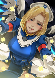 Rule 34 | 1girl, alternate costume, alternate hairstyle, bad id, bad tumblr id, beret, blue eyes, breasts, butcha-u, combat medic ziegler, covered penetration, hat, highres, implied sex, large breasts, looking at viewer, mechanical wings, medium hair, mercy (overwatch), official alternate costume, overwatch, overwatch 1, pelvic curtain, pov, smile, solo focus, wings