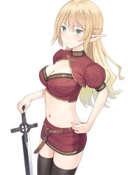 Rule 34 | 1girl, black thighhighs, blonde hair, breasts, cleavage cutout, clothing cutout, commentary request, elf, hand on own hip, highres, holding, holding sword, holding weapon, large breasts, long hair, looking at viewer, meow (nekodenki), midriff, navel, original, pointy ears, red skirt, short sleeves, simple background, skirt, solo, sword, thighhighs, thighs, weapon, white background, zettai ryouiki