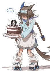 Rule 34 | admire vega (umamusume), animal ears, apron, blue bow, blue jacket, bow, braid, brown hair, cake, commentary request, ear covers, faceless, faceless female, food, full body, grey socks, hair bow, highres, holding, holding cake, holding food, horse ears, horse girl, horse tail, jacket, jersey maid, long hair, maid, maid apron, motion lines, ra mun5239, roller skates, shaded face, simple background, single ear cover, skates, socks, speech bubble, tail, twin braids, umamusume, unconventional maid, white background, white footwear