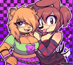Rule 34 | 2girls, blush, bracelet, breasts, checkered background, choker, cleavage, crop top, earrings, furry, furry female, garfield, garfield (character), genderswap, genderswap (mtf), hair over one eye, hand on own hip, jewelry, large breasts, looking at viewer, medium breasts, midriff, moozua, multiple girls, odie (garfield), open mouth, personification, pooky (garfield), scene (style), skirt, tongue, tongue out