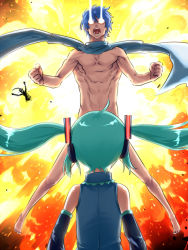 Rule 34 | 00s, 1girl, 2boys, :o, ahoge, aqua hair, bad id, bad pixiv id, blue hair, blue scarf, censored, clenched hands, convenient censoring, convenient head, detached sleeves, explosion, eye beam, hatsune miku, headphones, kaito (vocaloid), kamui gakupo, kuroino (kuroyashiro), long hair, manly, multiple boys, naked scarf, nude, open mouth, scarf, twintails, vocaloid