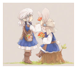 Rule 34 | 2others, androgynous, animal ears, warrior of light (ff14), belt, black gloves, blue dress, blue eyes, boots, border, bouquet, brown background, brown footwear, brown hair, brown headwear, brown vest, dress, closed eyes, final fantasy, final fantasy xiv, flower, from side, full body, furry, gloves, grass, highres, holding, holding bouquet, holding flower, knee boots, lalafell, leaf, long sleeves, looking at another, loporrit, matching outfits, multiple others, omori hakumai, orange flower, outdoors, pointy ears, pouch, rabbit ears, rabbit tail, short hair, simple background, sitting, sitting on tree stump, smile, standing, tail, tree stump, turban, vest, whiskers, white border, white headwear, wide sleeves
