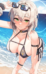 Rule 34 | 1girl, absurdres, adjusting eyewear, arm belt, bare shoulders, belt, bikini, bikini skirt, breasts, cleavage, commentary, day, english commentary, eyewear on head, front-tie bikini top, front-tie top, green eyes, grey hair, hair between eyes, hair intakes, hand on eyewear, highres, hololive, large breasts, leaning forward, lessone, looking at viewer, mole, mole on breast, outdoors, parted lips, shirogane noel, shirogane noel (summer 2020), short hair, solo, sunglasses, swimsuit, teeth, thigh belt, thigh strap, virtual youtuber, water, wet, wrist cuffs