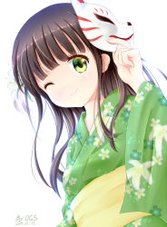 Rule 34 | 1girl, ;), artist name, blunt bangs, breasts, brown hair, closed mouth, commentary request, dated, dutch angle, floral print, fox mask, gochuumon wa usagi desu ka?, green eyes, green kimono, highres, holding, holding mask, japanese clothes, kimono, long hair, long sleeves, looking at viewer, mask, mask on head, md5 mismatch, obi, ogs (orgasm88), one eye closed, print kimono, resolution mismatch, sash, small breasts, smile, solo, source larger, ujimatsu chiya, upper body, wide sleeves, yukata