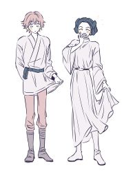 Rule 34 | 1boy, 1girl, animification, belt, blush stickers, boots, brother and sister, closed eyes, highres, luke skywalker, princess leia organa solo, siblings, simple background, star wars, star wars: a new hope, twins, white background, white footwear, wkqns2