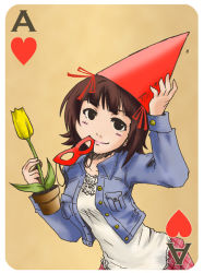Rule 34 | 1girl, ace (playing card), ace of hearts, amami haruka, brown eyes, brown hair, card, card (medium), casual, flower, flower pot, hat, heart, idolmaster, idolmaster (classic), mask, mouth hold, playing card, red hat, short hair, solo, tulip, unaya yoshimi