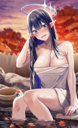 Rule 34 | 1girl, absurdres, autumn, autumn leaves, black hair, blue archive, blue eyes, blue halo, blurry, blurry background, blush, breasts, cleavage, collarbone, feet out of frame, halo, highres, large breasts, leaf, long hair, looking at viewer, maple leaf, naked towel, nicky w, onsen, open mouth, outdoors, pointy ears, rin (blue archive), sitting, soaking feet, solo, towel, water, wet, white towel